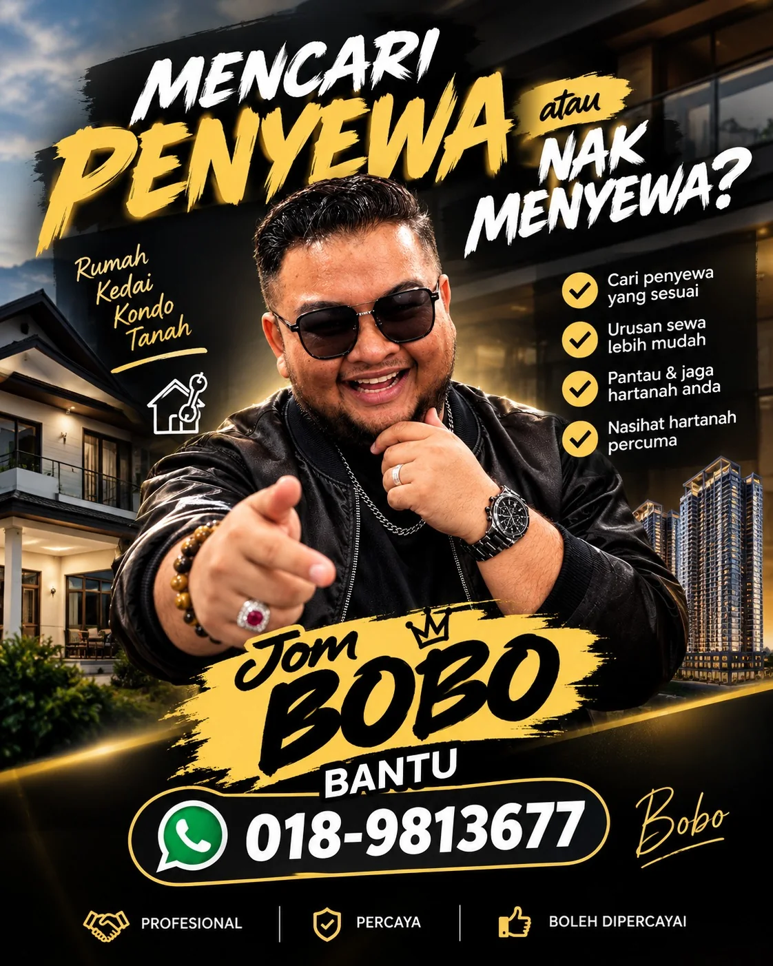 Poster mencari penyewa dan pengurusan sewaan bersama Bobo