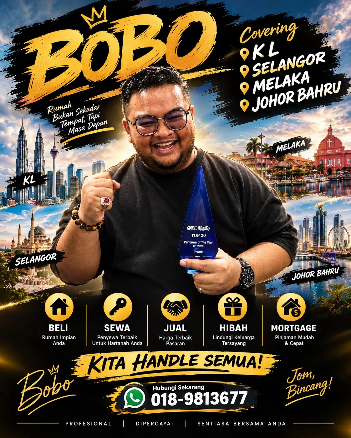 Poster perkhidmatan Bobo — beli, sewa, jual, hibah, mortgage dan kawasan liputan